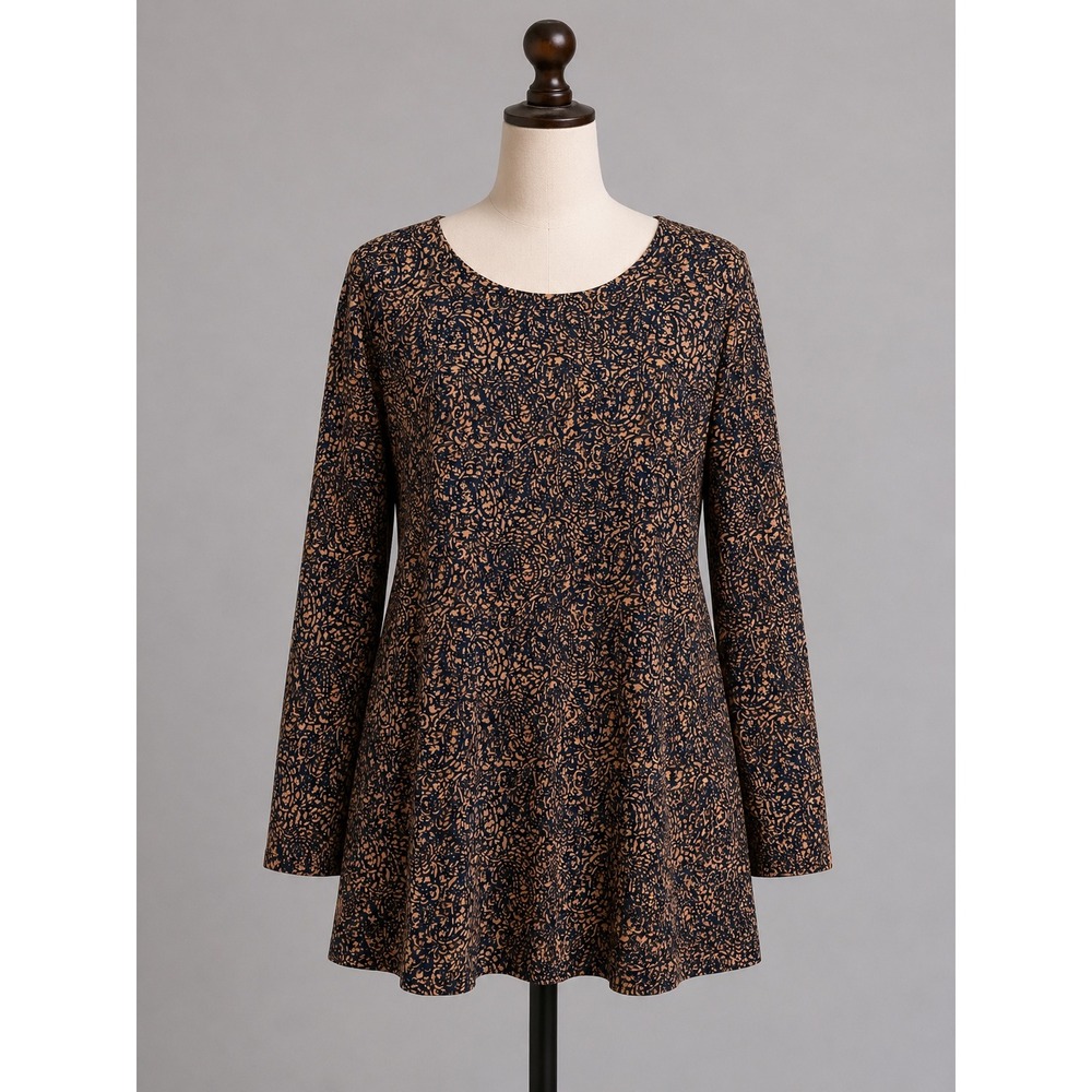 Pure Jill Womens Navy Tan Paisley Pima‎ Cotton Long Sleeve Shirttail Tee Size L